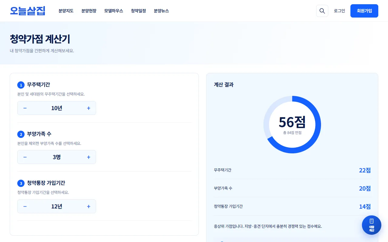 청약가점 계산기 첫 화면. 왼쪽에 세 항목의 −/+ 버튼, 오른쪽에 계산 결과 원형 그래프가 보인다.