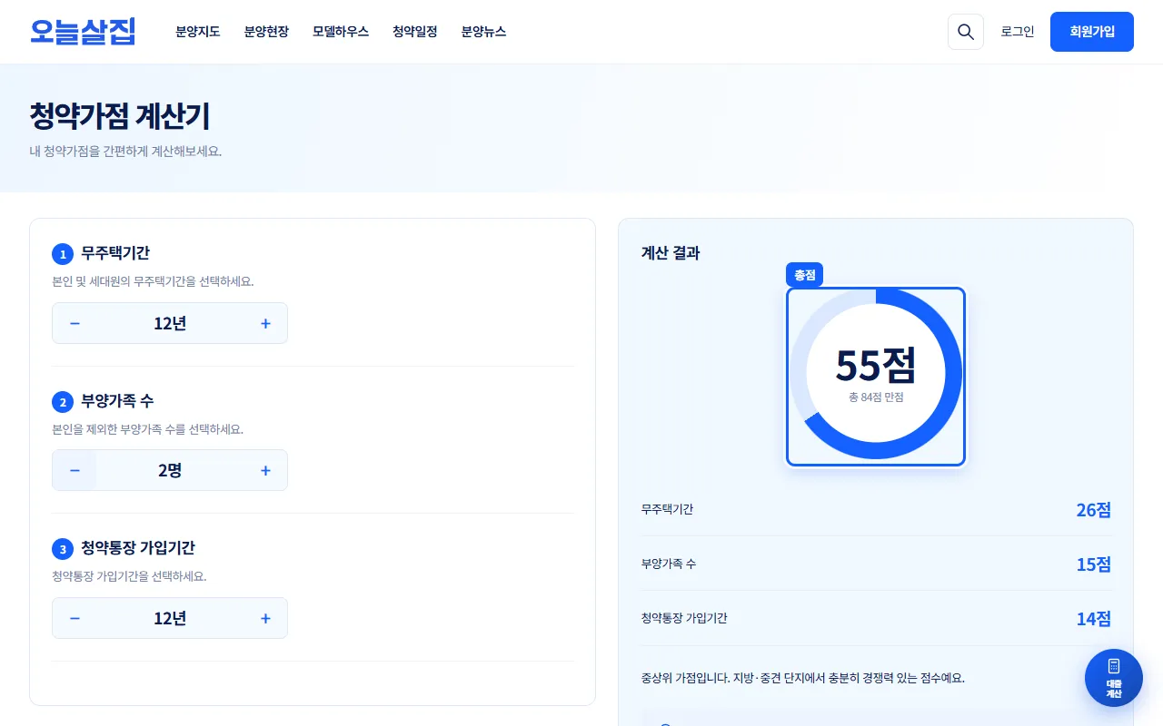 무주택기간 12년, 부양가족 2명, 가입기간 12년으로 바꾼 화면. 총점 55점 원형 그래프가 강조되어 있다.