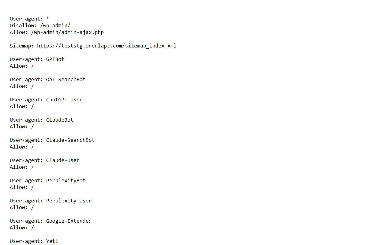 파트너 홈페이지의 robots.txt 화면, Sitemap 주소 줄이 보임