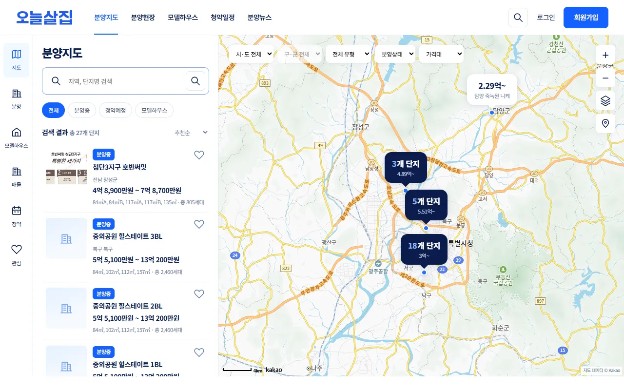 분양지도 전체 화면. 왼쪽 목록에 분양 단지 카드, 오른쪽 지도에 3개 단지·5개 단지·18개 단지 묶음 핀