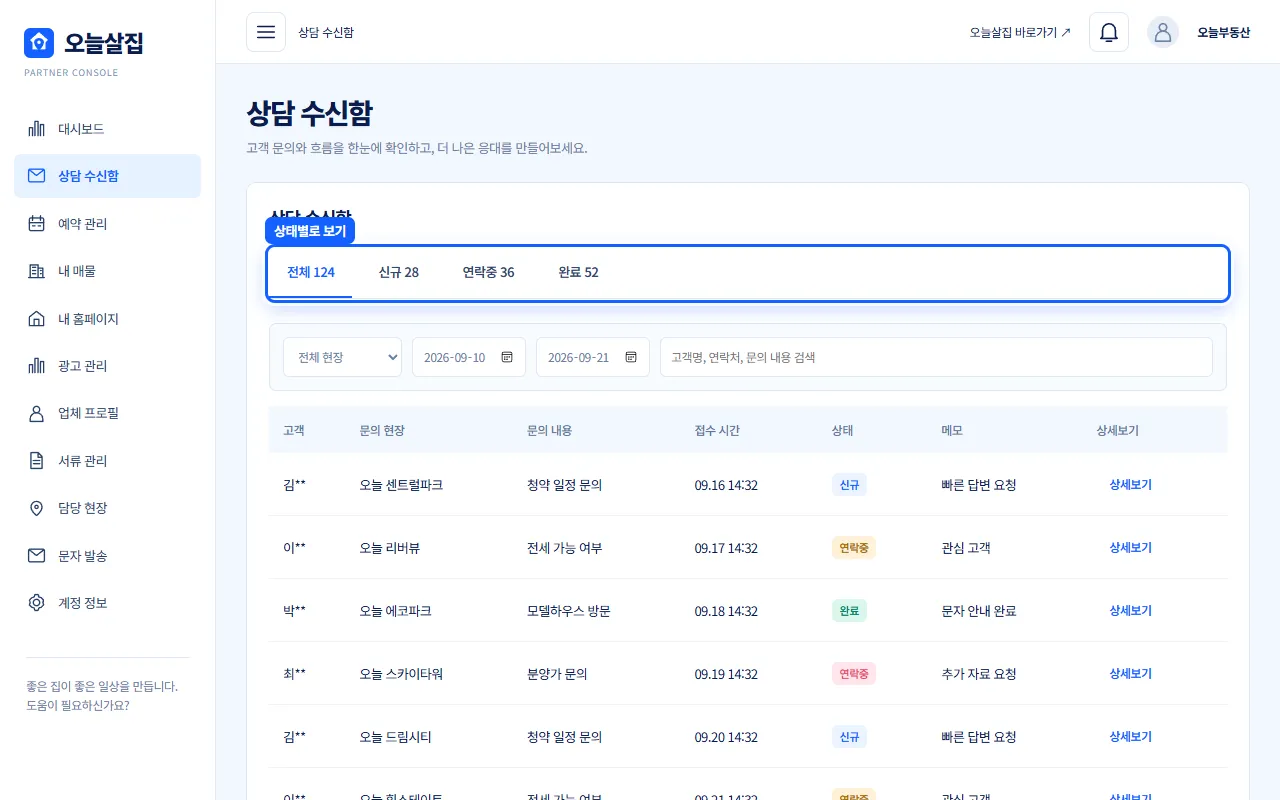상담 수신함의 전체·신규·연락중·완료 탭이 강조된 화면 예시